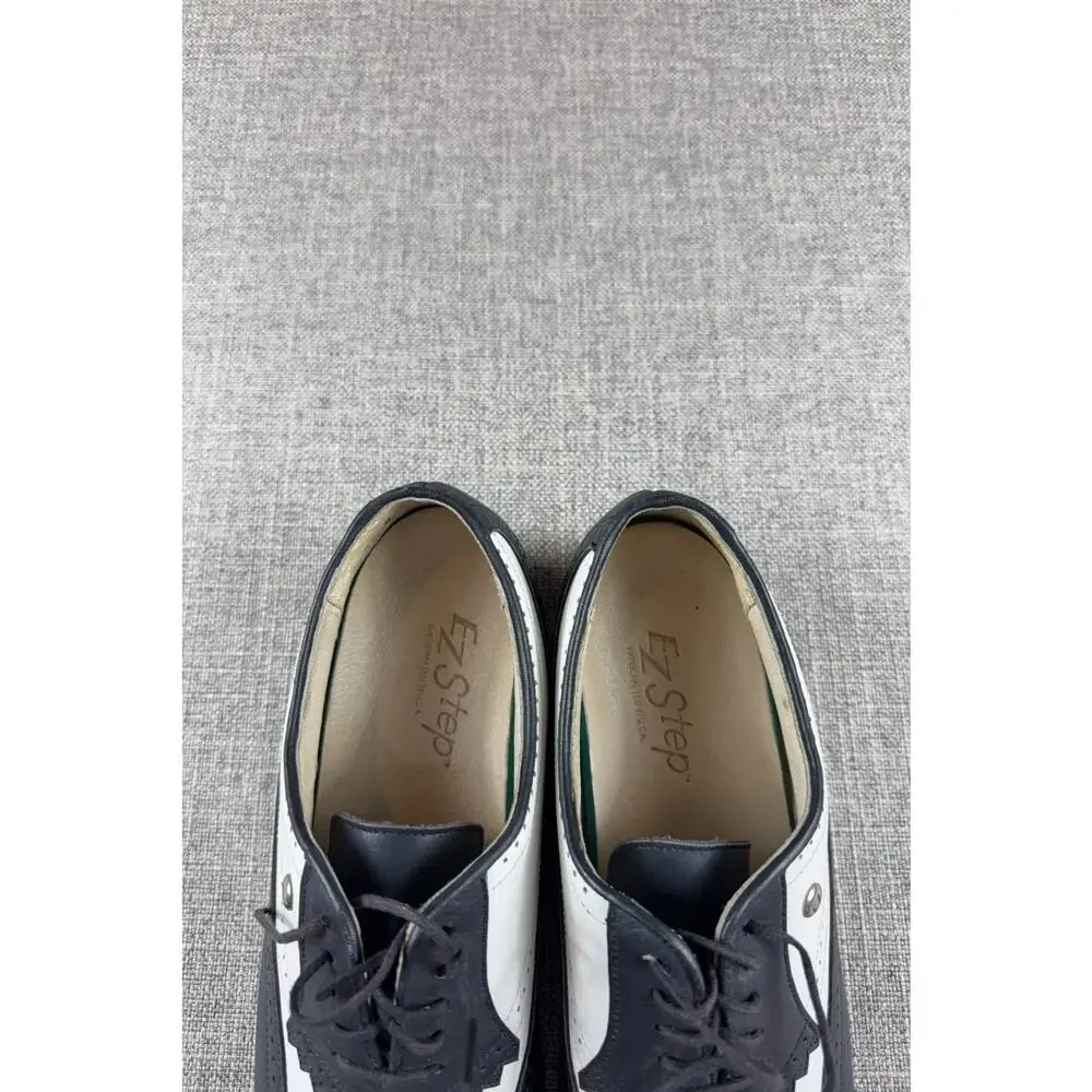 Vintage E-Z Step Golf Shoes 8.5 N Black White Leather Wingtip Made USA Brogue